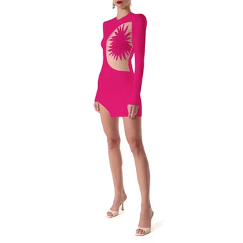 2023 Nové Jeseň/Zima Žien Sexy Rose Červené Tesné Šaty Korálkové Diamond Mesh Long Sleeve-Mini Móda Celebrity Party Šaty