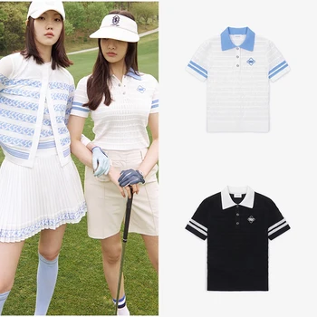 23 Nové kórejské Golfové Oblečenie dámske Letné Logo Klope Farby Zodpovedajúce Top Bežné Priedušná Pletené Krátky Rukáv