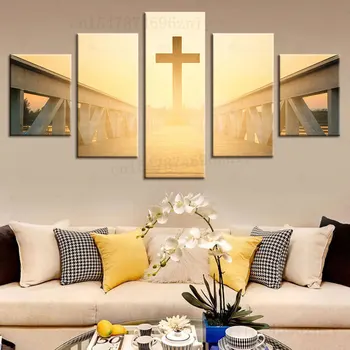 5 Panel západ Slnka Ježiš Kríž Kresťanský Plagát na Stenu Umenie Maliarske Plátno Tlačiť Obrázok pre Obývacia Izba Domáce Dekorácie Obrázky