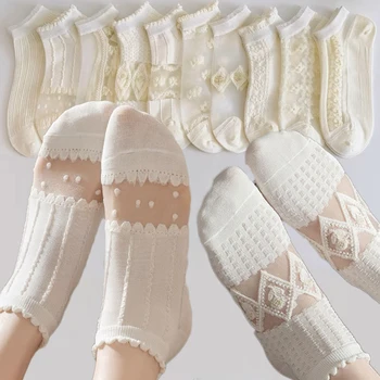 5pairs Ženy Lete Tenké Duté Crystal Ponožky v Pohode Priedušná Kvety Biele Neviditeľné Loď Ponožky Oka Ultra-tenké Ponožky EÚ 35-39