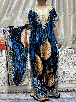 Abayas Pre Ženy 2023 Tradičné Bavlna Vytlačené Krátke Rukávy Afriky Loose Fit Femme Župan Nigéria Islam Šaty S Turban
