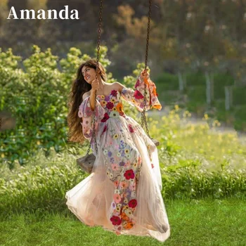 Amanda Princezná Čipky Embroid Prom Šaty Trúby Rukáv A-line فساتين السهرة Sladké 3D Kvet Embroid Vestidos De Noche