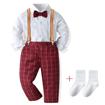 Baby Chlapci Oblečenie Sady Jeseň Batoľa Detský Chlapci Gentleman Oblečenie S Dlhým Rukávom Formálne Vyhovuje Deti Party Šaty Vybavy+ Ponožky