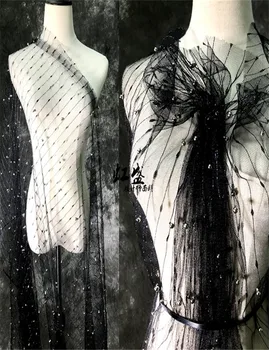 Black Silver Pearl Prúžok Oka Textílie, Čipky Šaty Pohľadu Módy Sukne Módny Návrhár Textílie