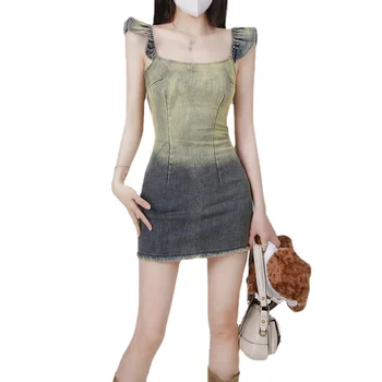 Gradient denim podväzkové šaty pre ženy, Xia Xiaofei rukávy, pás do sukne, francúzsky módny trend ulici
