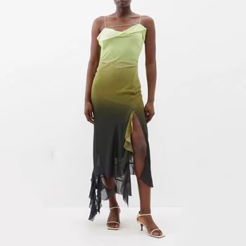 Gradient farby s uväzovaním za šaty, sexy a elegantné semi-transparentné vysokej štrbinou nepravidelný prehrabať lem Dámske šaty 2023 lete nové
