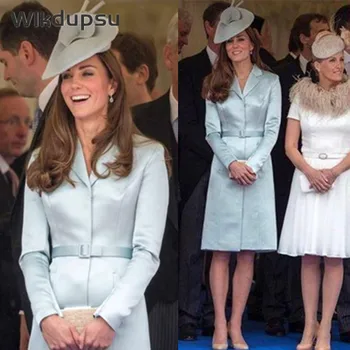 Kate Middleton Elegantné Sako Štýl Šaty Vysokej Kvality Office Lady Práce Formálne Dlhý Rukáv Midi Šaty S Pásom Oblečenie Pre Ženy