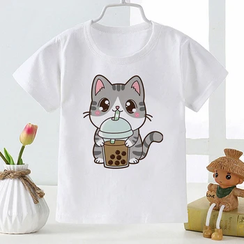 Kawaii Mačka Mlieko Čaj Vytlačené Deti Bavlnené Tričko Super Roztomilý Kreslený Módny Trend T-shirt Dievča, Chlapec Bežné Detské Bavlnené Oblečenie
