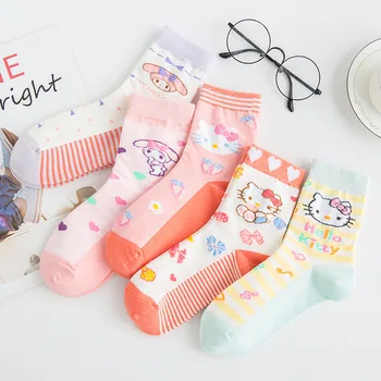 Kt Mačka Ponožky dámske Bavlnené Mid-Trubice Ponožky Trend Karikatúra Roztomilý Ružový Tlač Tenké Športové Ženy Ponožky