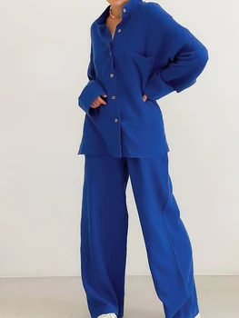 Linad Modré Pyžamo Pre Ženy 2 Ks Súpravy Voľné Dlhý Rukáv Sleepwear Žena Bavlna Nohavicové Kostýmy 2023 Jeseň Bežné Odev