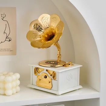 Luxusný Domov Ozdoby Vintage Starožitný Drevený Kovové Phonograph Music Box pre Domáce Stolné Dekorácie Music Box Ornament Dary