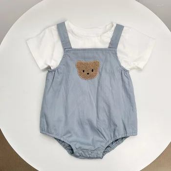 Medveď Dojčenské Oblečenie Set sa Cartoon Nové V Lete Novorodenca Dievčatá Chlapci Krátky Rukáv Pevné Farba Hornej T-shirts Kombinézach Dieťa
