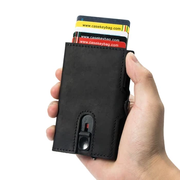 Mens Real Vintage Kožené RFID Tenký, Minimalistický Pop-Up Smart Peňaženky Karty Držiteľa Chránič Prípade, Automatické Posuvné Hliníkové Peňaženky