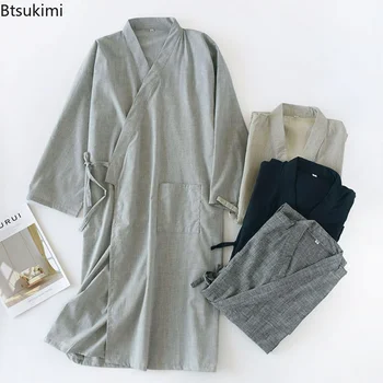 Nové 2023 Mužov Bežné Bavlna Line Pyžamo Pevné Mäkké Sleepwear Muž Vaňa Župan Japonské Kimono Bavlna Nightgown Domáce Oblečenie pre Mužov