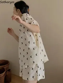 Pajama Sady Ženy Krásne Mesiac-tlač Nové Sleepwear Voľné Letné Domov Nosiť Bežné Japonskom Štýle Pohodlné Každodenné Jednoduché Základné Chic