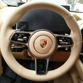 Ručné Šitie non-slip béžová Koža Auto Volant, Kryt pre Porsche Panamera Cayenne Macan 718 911