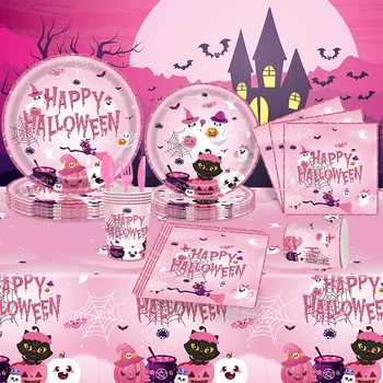 Ružová Ducha Halloween Party Dekorácie, Jednorázový Riad Nastaviť Mačka Diabol Obrus Papier Dezertné Taniere Rave Festival Dekor