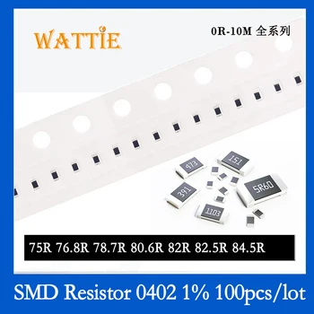 SMD Rezistora 0402 1% 75R 76.8 R 78.7 R 80.6 R 82R 82.5 R 84.5 R 100KS/veľa čip odpory 1/16W 1.0 mm*0,5 mm