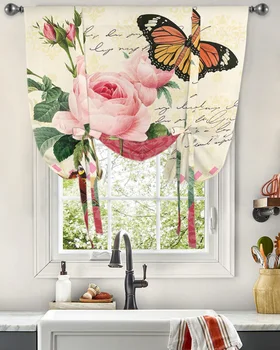 Starožitný Rastlina, Kvet Pink Rose Motýľ Okno Opony pre Obývacia Izba, Kuchyňa Tie-up Roman Opony Domova Žalúzie, Závesy