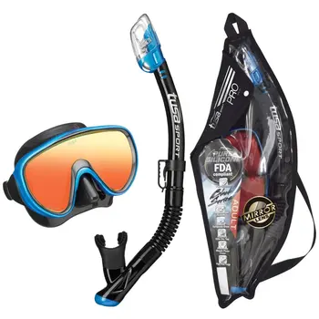 TUSA Šport Dospelých Pokojný Black Series Zrkadlové Masku a Suché Šnorchel Combo, Fishtail Modrá