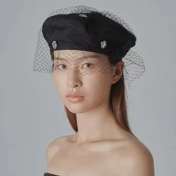 Vintage Nové Jeseň Black Hat Módne Ploché Závoj koberčeky Drahokamu Elegantné Vrstva Ženy Beret Dizajnér Duté z Maliar Klobúk