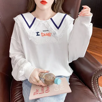 kórejský bavlna kawaii čipky, mikiny Jeseň list tlač Long-sleeve nadrozmerné Hoodies ženy Harajuku Študent bežné streetwear