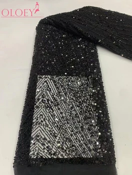 Čierna High-End Luxusný Francúzsky Výšivky Ťažké Ženícha Čipky Textílie Afriky Nigérijský S Sequin Textílie Pre Svadobné Šaty Strany