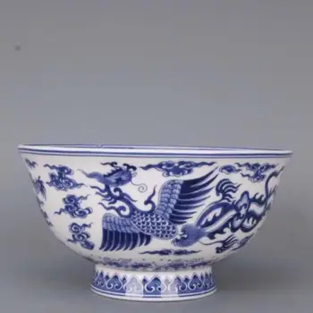 Čínsky Modré a Biele Porcelánové Qing Qianlong Dragon Phoenix Design Misy 6.1