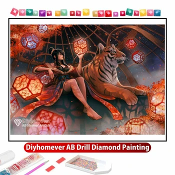 Čínsky Štýl Holka Tiger 5D DIY AB Diamond Maľovanie Výšivky Fantasy Art Cross Stitch Kamienky Mozaiky Domova Darček